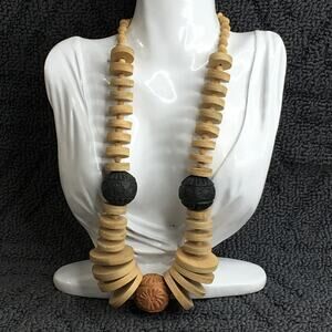Chunky Red (Terra Cotta) & Black Clay & Wooden Disc Bead Statement Necklace